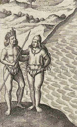 Grabado de una pareja de hombres indígenas en Valparaíso, año 1615 Grabado de una pareja de hombres indígenas en Valparaíso, año 1615